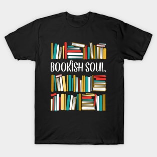 Bookish soul // black bookshelf background yellow neon red white and teal books T-Shirt